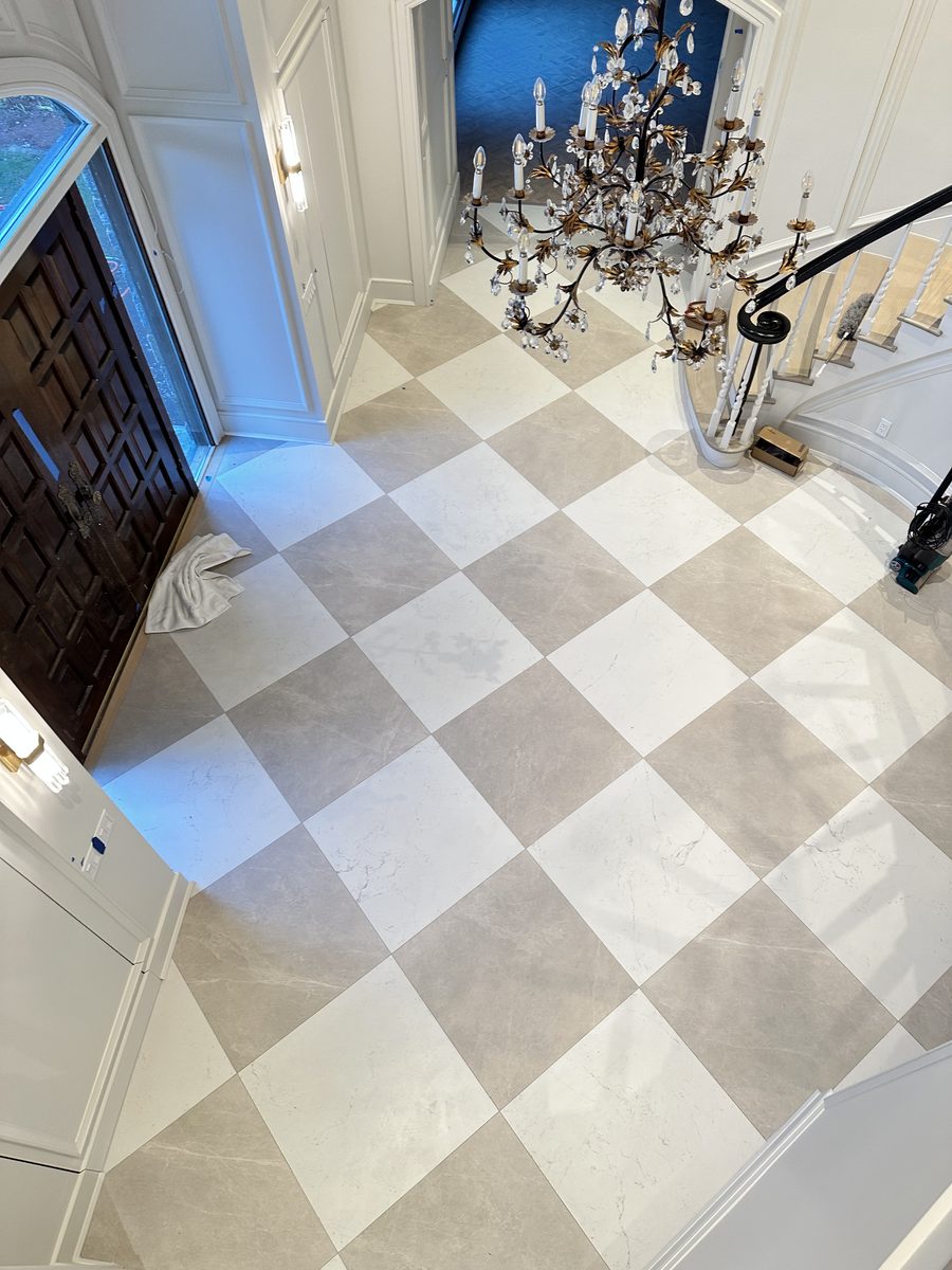 Checkerboard marble tile entryway