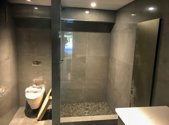 Gray glossy walled bathroom showing the division between the shower and toilet
